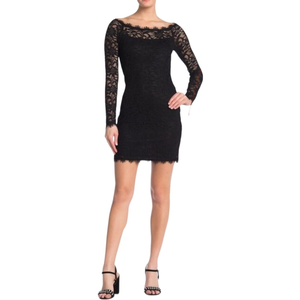 Black Stretch Lace Mini Dress by Jump Apparel Y2K Off the Shoulder Size 6